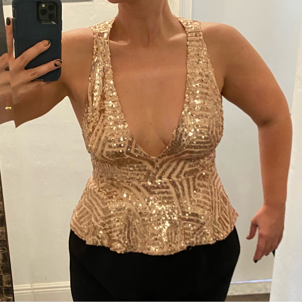 Rose Gold Sequin Peplum Top Plunge Neckline Open Back